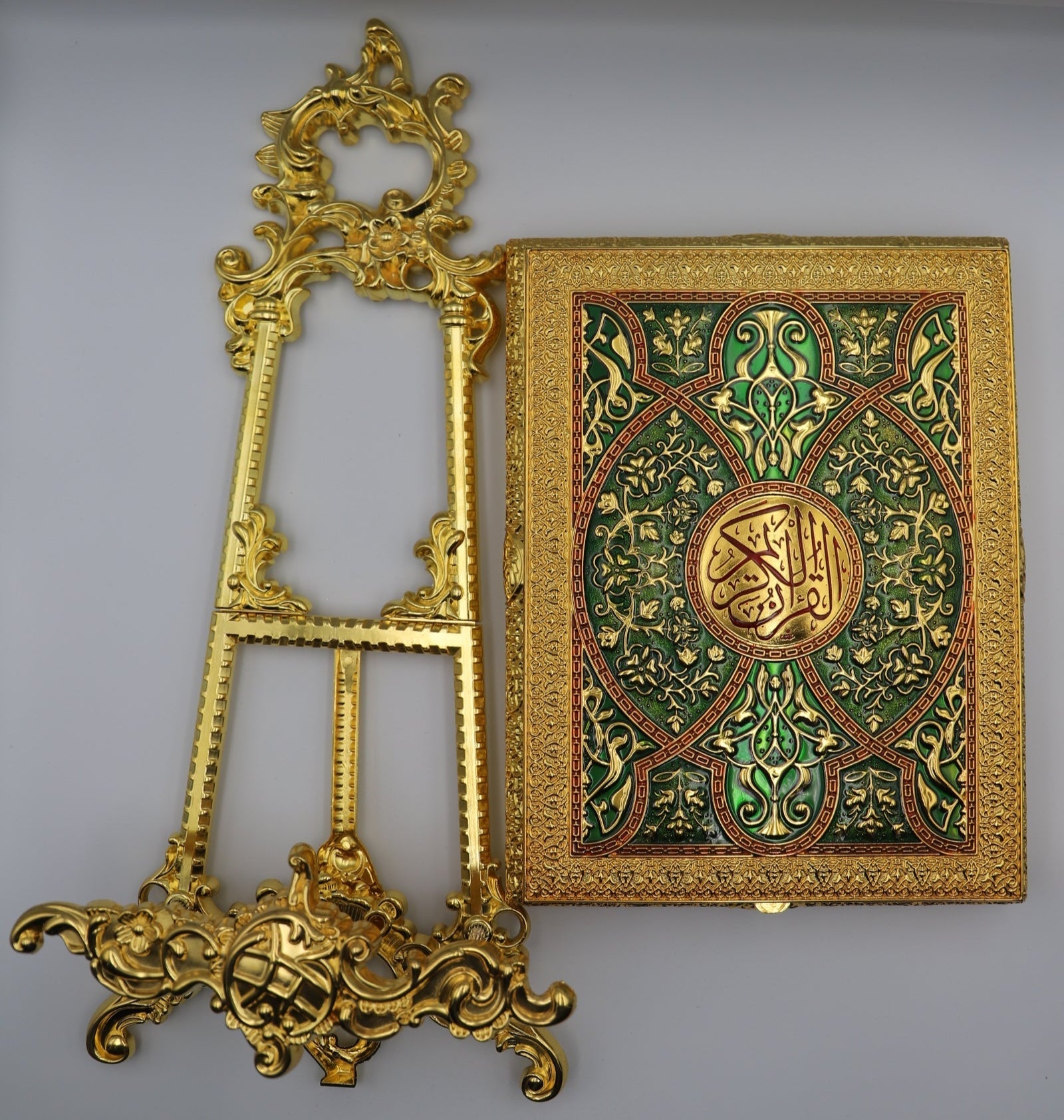 Metal Quran Box & Holder - Gold & Emerald - Religious Art