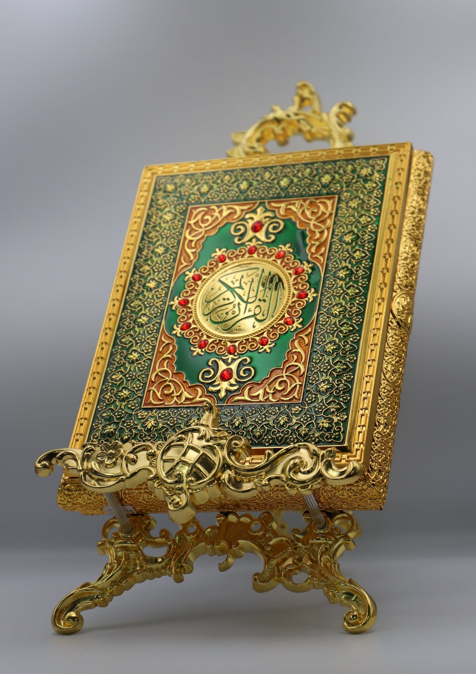 Metal Quran Box & Holder - Gold Emerald & Ruby - Religious Art