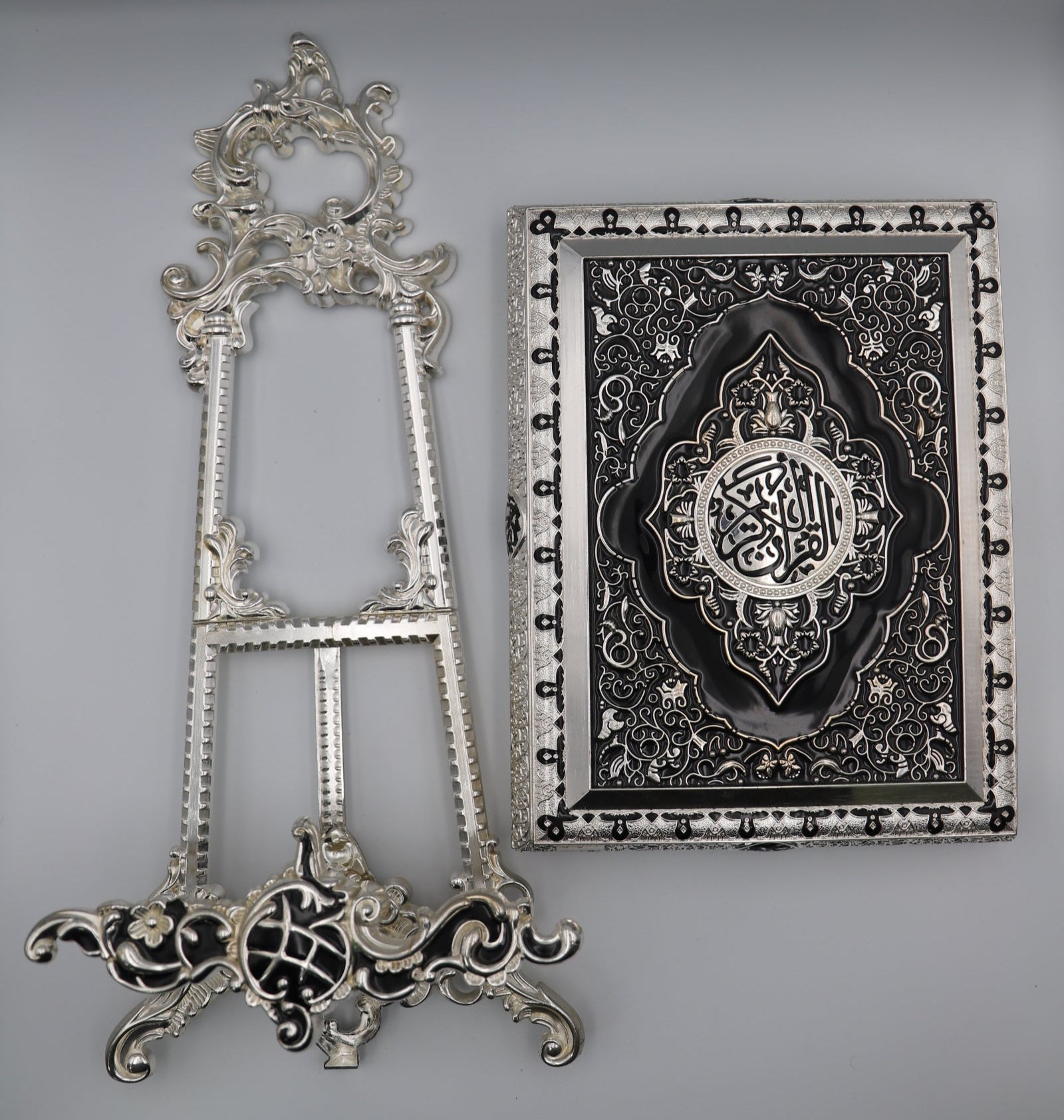 Metal Quran Box & Holder - Silver & Black - Religious Art