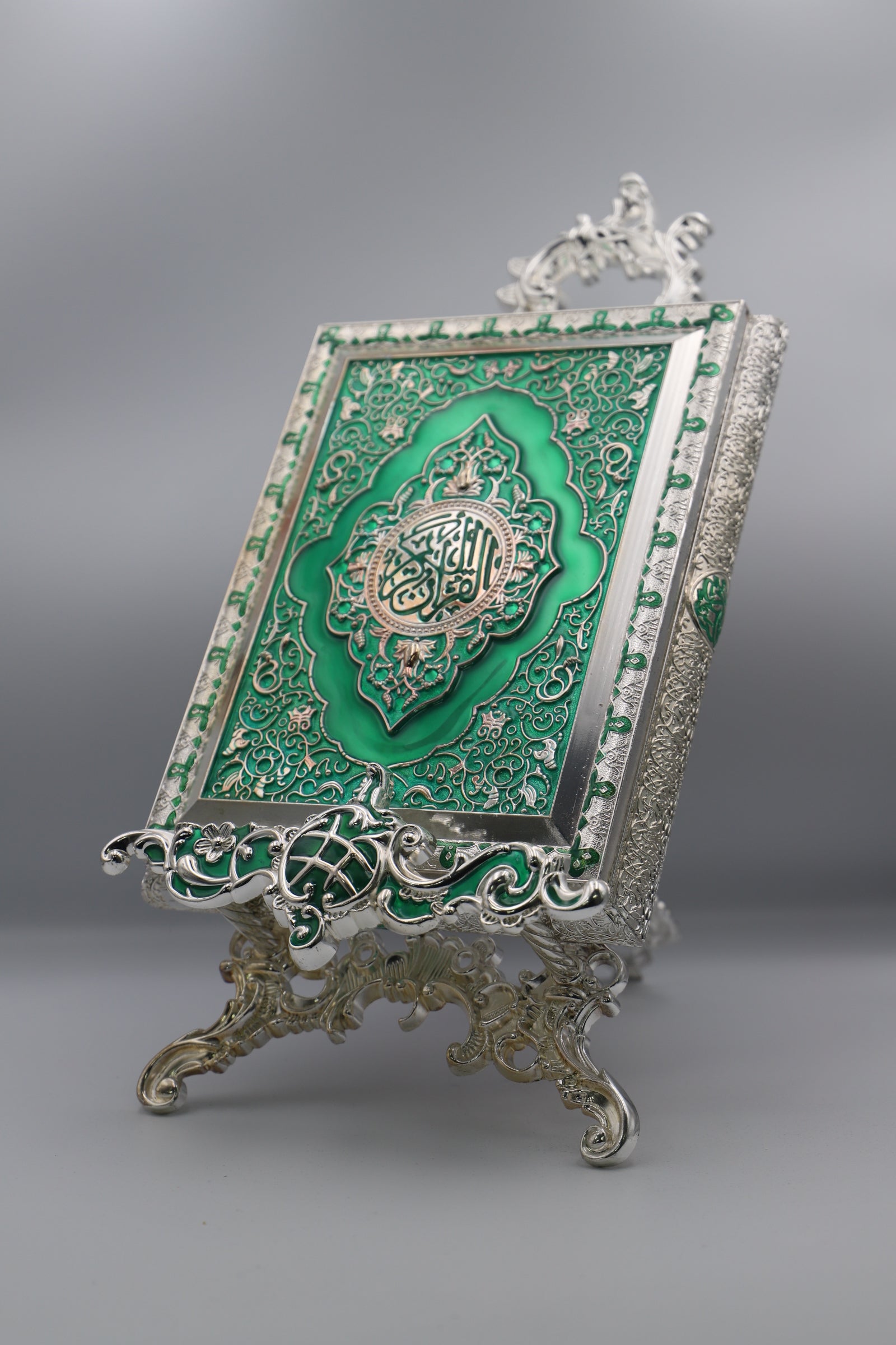 Metal Quran Box & Holder - Silver & Emerald - Religious Art