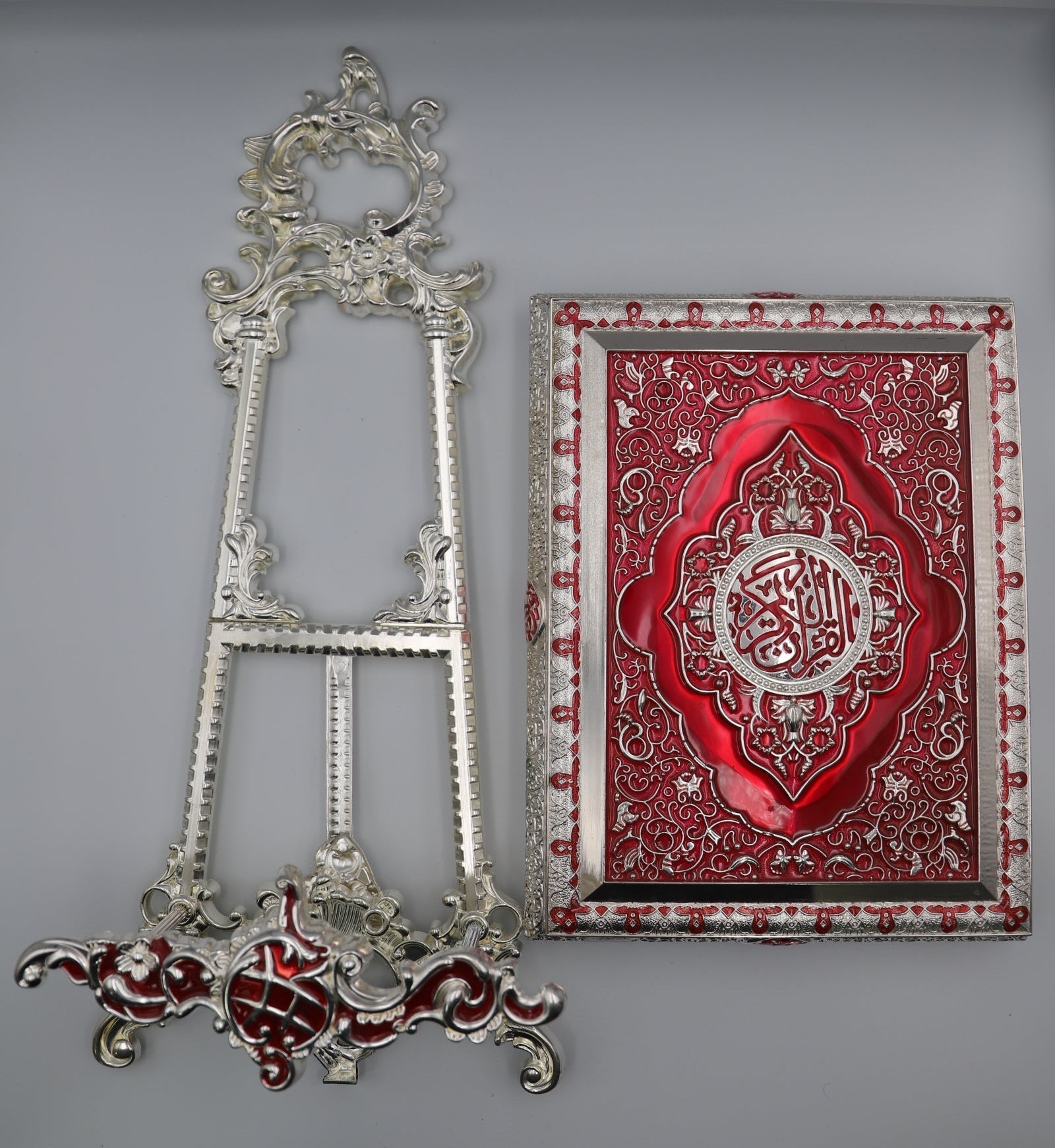 Metal Quran Box & Holder - Silver & Ruby - Religious Art