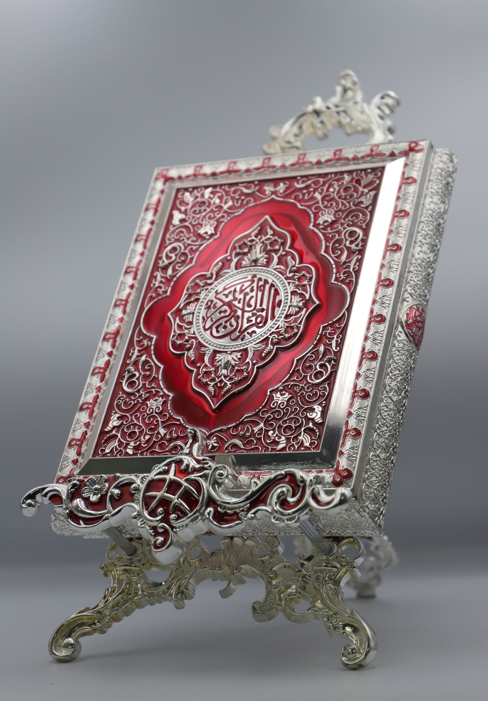 Metal Quran Box & Holder - Silver & Ruby - Religious Art