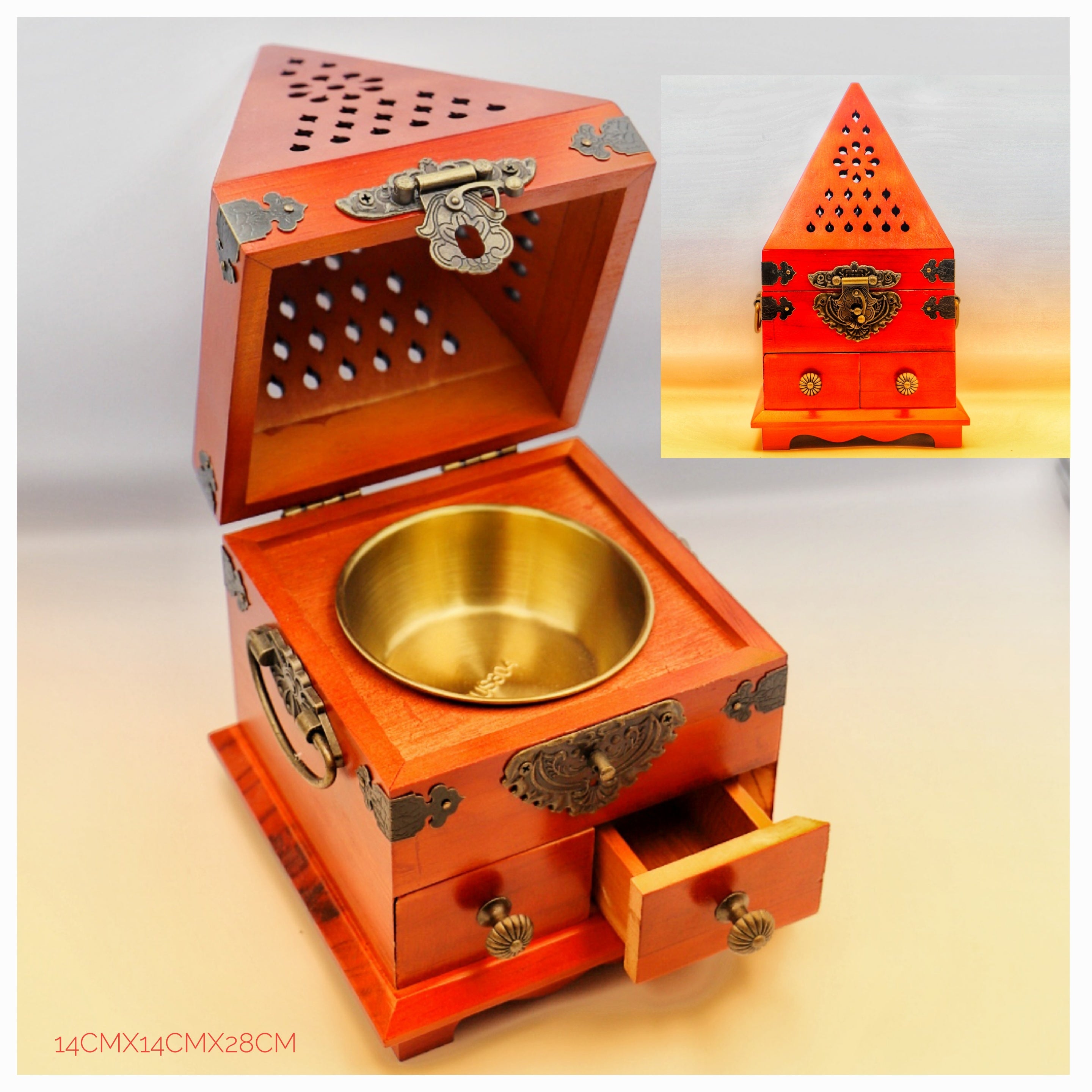 Pyramidal wood decorated Incense Burner with storage - 2 COLOR VARIANTS - Light wood - Incense Burner