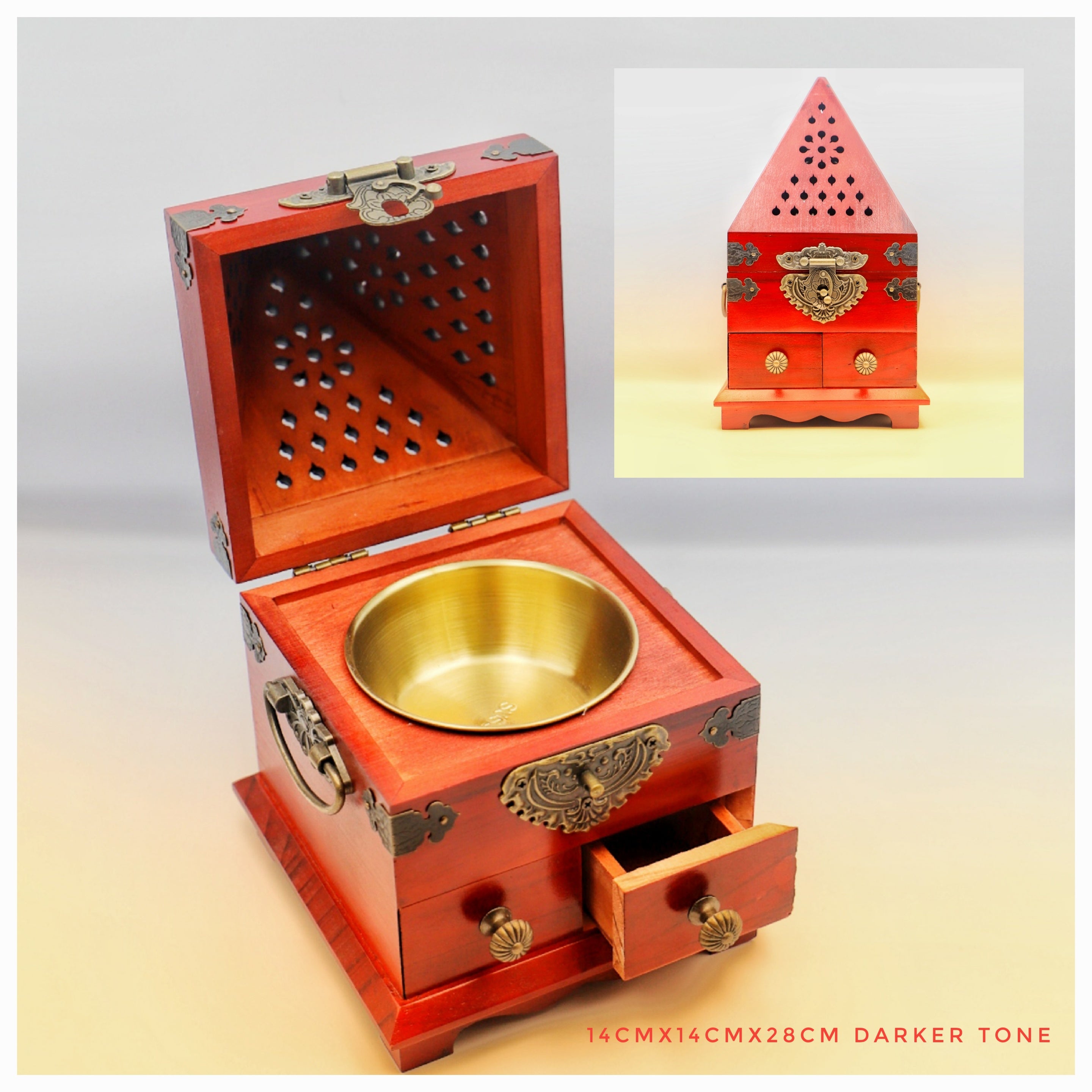 Pyramidal wood decorated Incense Burner with storage - 2 COLOR VARIANTS - Dark wood - Incense Burner