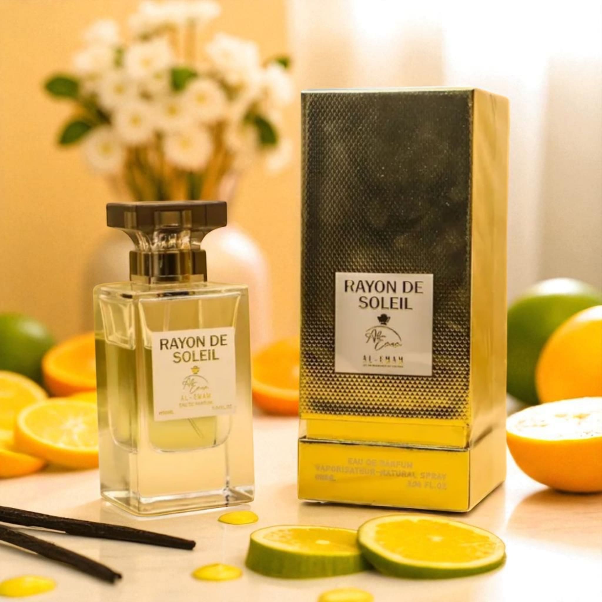 Rayon de Soleil perfume bottle and packaging with citrus fruits on a table