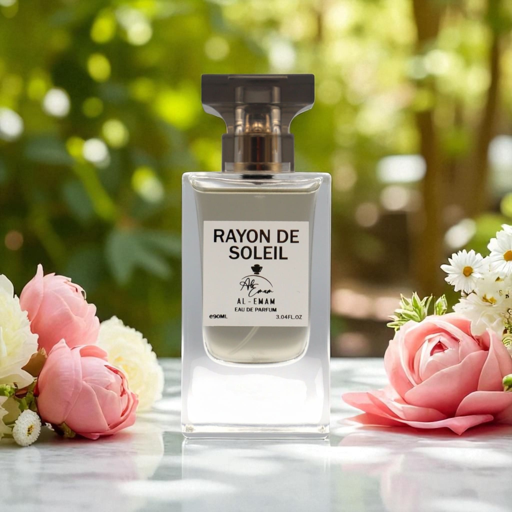 Perfume bottle labeled 'Rayon de Soleil' surrounded by flowers with a blurred green background
